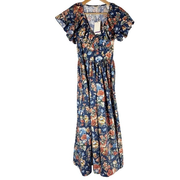 Doen Pecos Liberty Fabric Midi Dress Size XS Indigo Iris  Floral - Picture 1 of 13